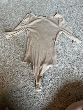Express Beige Ribbed half Sleeve Bodysuit